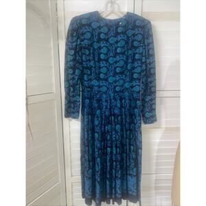 Vintage 80s Lanz Dress Women’s Multicolor Black Teal Floral Fit Flare Midi Med